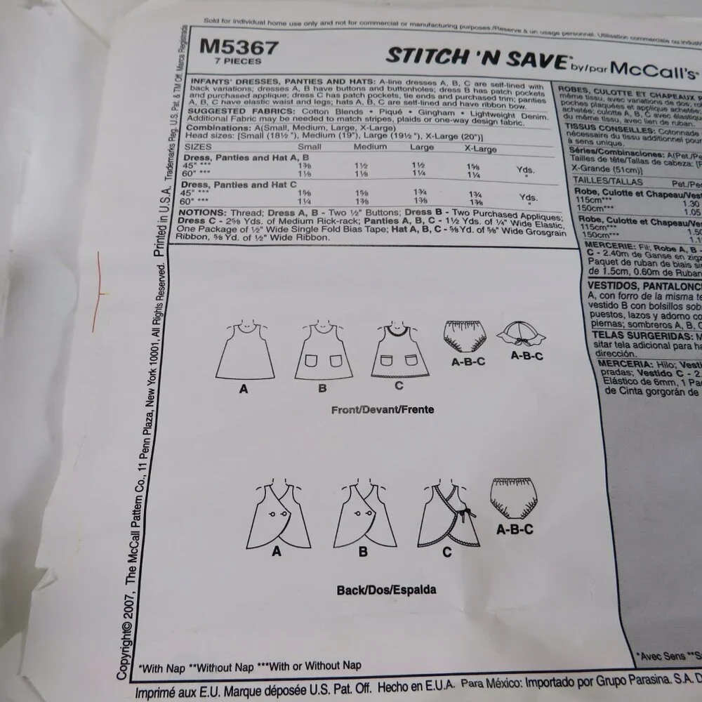 McCalls 5367 Easy Toddler Sm-XLG Sun hat, Dress, Panties